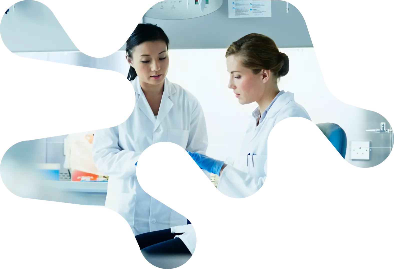 Two scientists talking over clipboard