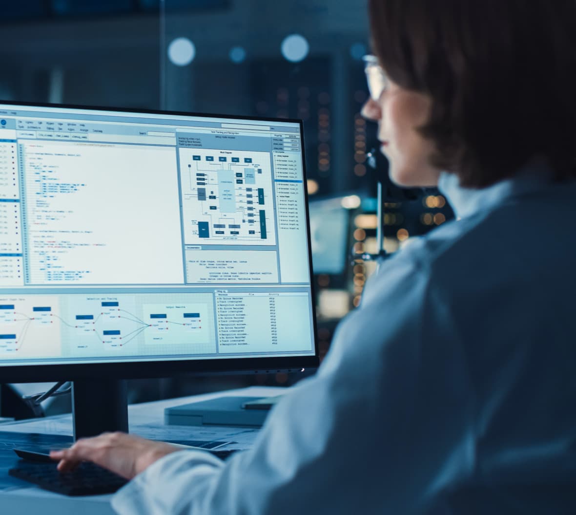 Female scientist working at Desktop Computer