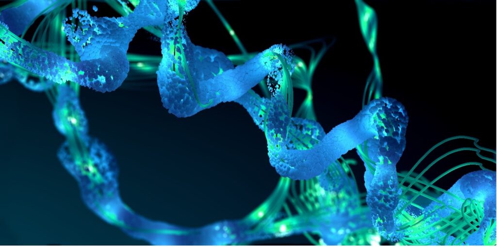 3D image of a helix/cells inside the body, representing biologics