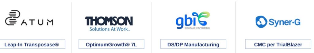 SmartScale GMP tech stack: ATUM Leap-In Transposase, Thomson OptimumGrowth 7L, GBI DS/DP manufacturing, and Syner-G CMC per TrialBlazer.